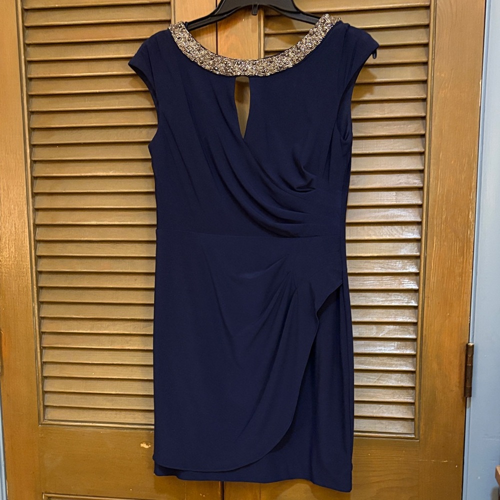 Alex Evenings Navy Cocktail Dress with Embellished Collar